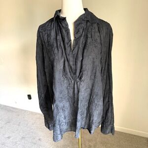 CP Shades‎ Silk Navy Floral Damask Long Sleeve Collared Blouse Top Medium
